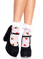 Ankle socks, ruffle trim, small dots, strawberries